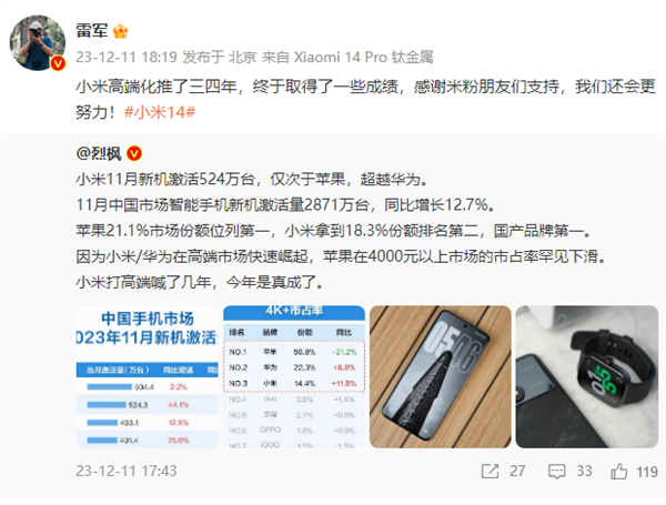 小米重回國產第一!雷軍:高端化推了三四年 終于取得一些成績(圖1) 小米重回國產第一!雷軍:高端化推了三四年 終于取得一些成績