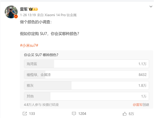 小米SU7海灣藍和Tiffany藍差別很大！雷軍：海灣藍是藍色和綠色的臨界色