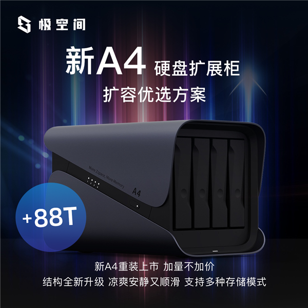 極空間硬盤擴展柜A4重裝上市!1099元支持最高88TB容量(圖1) 極空間硬盤擴展柜A4重裝上市!1099元支持最高88TB容量