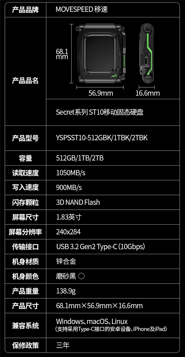 1TB/1299元!移速發布ST10移動硬盤:自帶觸控屏、一鍵加密(圖3) 1TB/1299元!移速發布ST10移動硬盤:自帶觸控屏、一鍵加密
